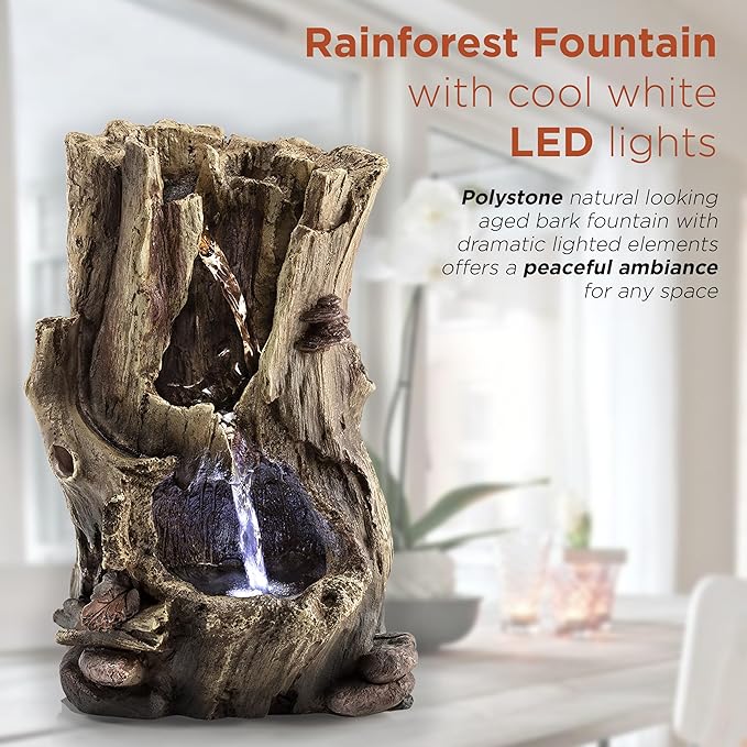Alpine Corporation WIN326 Indoor Tabletop Light-Up Tiered Rainforest Tree Trunk Water Fountain with LED Lights, 11", Brown - Bloomnest