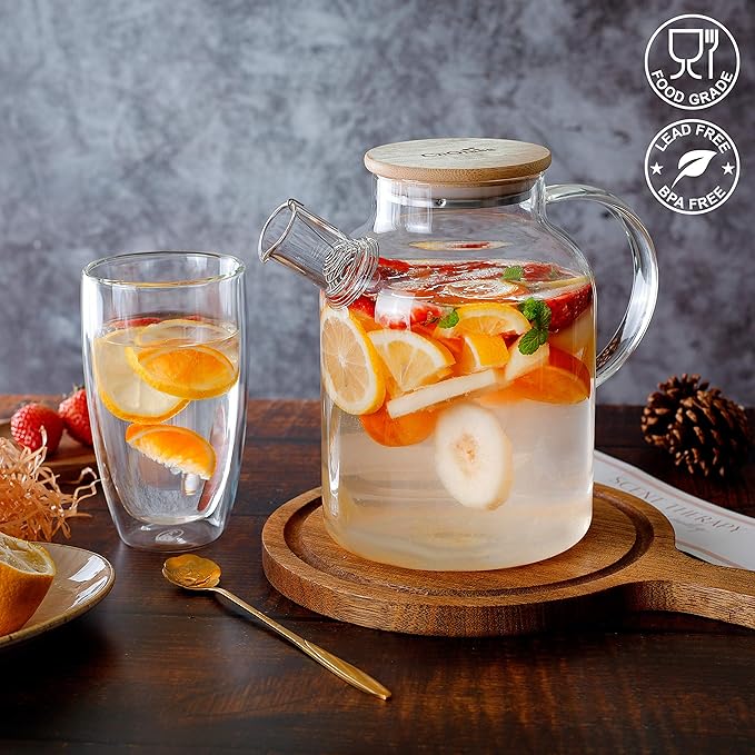 CnGlass Glass Teapot Stovetop Safe,50.7oz Clear Glass Pitcher with Removable Filter Spout for Loose Leaf and Blooming Teabag