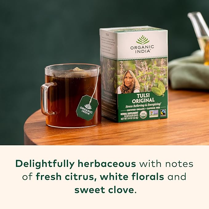 ORGANIC INDIA Tulsi Original Herbal Tea - Holy Basil and African Basil Calming and Stress Relief Tea, Immune Support, USDA Certified Organic, Non-GMO, Caffeine-Free - 18 Infusion Bags, 6 Pack - Bloomnest