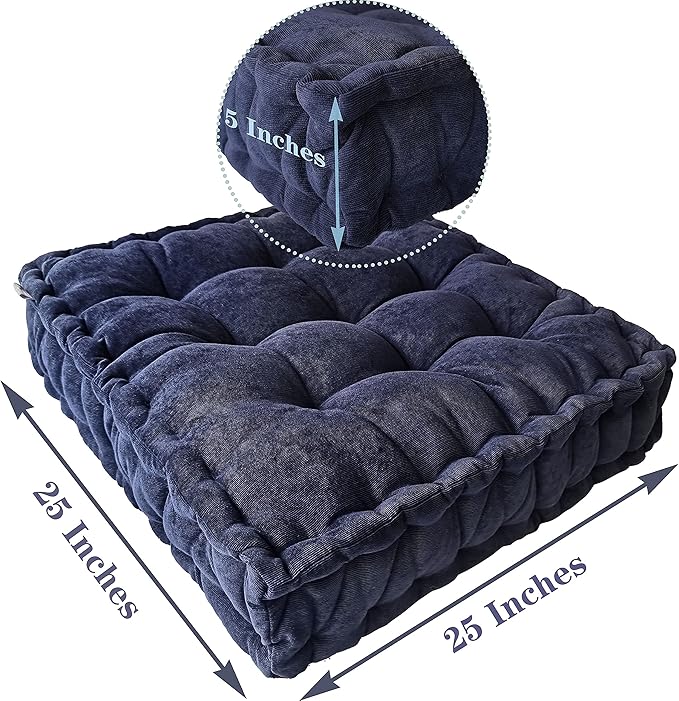 Verpert Floor Pillow 25x25 Inch Square Meditation Cushion Floor Seating for Adults Oversized Tufted seat Cushion Reading Nook for Kids, Yoga Meditation Pillow for Sitting on Floor (Navy)