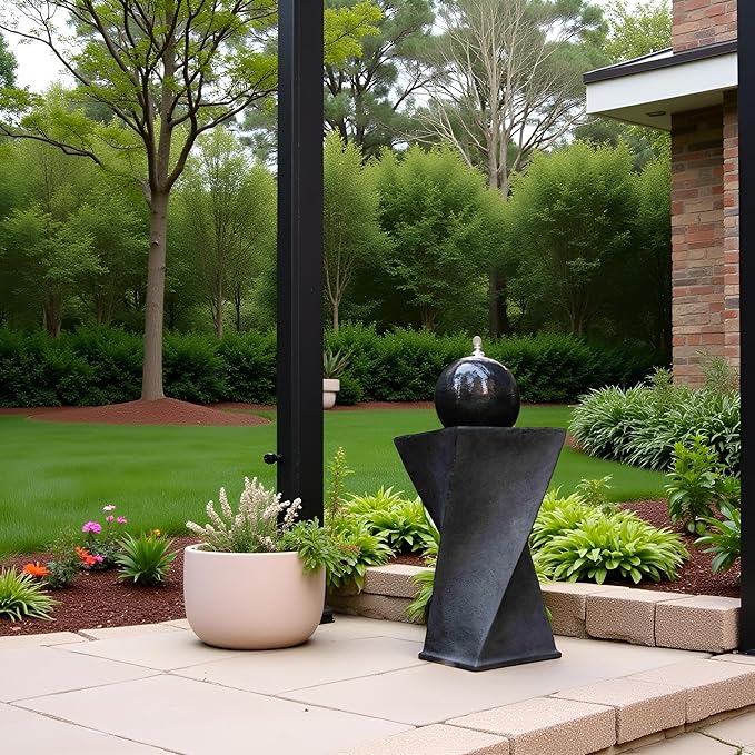 Black Sphere Water Fountain Outdoor –Unique Rotating Curve Design，Modern Zen Water Fountain for Garden, Patio, Indoor Floor Standing Decor,32.28'' Tall (Black) - Bloomnest