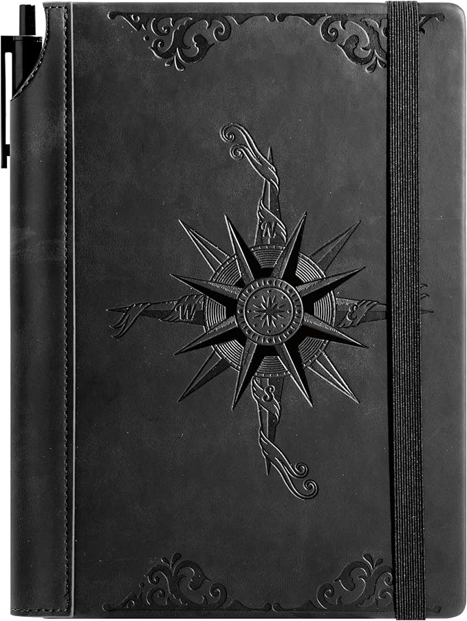 CAGIE Compass Leather Notebook Journal for Men, 100 GSM 288 Pages Lined Journals for Writing, A5 Hardcover Journaling Notebooks Gift Set with Pen for Travel Office Daily Writing - Bloomnest
