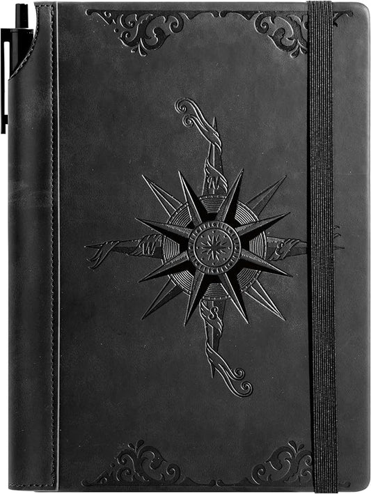 CAGIE Compass Leather Notebook Journal for Men, 100 GSM 288 Pages Lined Journals for Writing, A5 Hardcover Journaling Notebooks Gift Set with Pen for Travel Office Daily Writing - Bloomnest