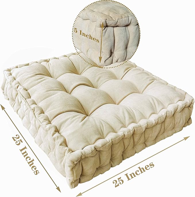 Verpert Floor Pillow 25x25 Inch,Square Meditation Cushion Floor Seating for Adults,Oversized Tufted seat Cushion Reading Nook for Kids, Yoga Meditation Pillow for Sitting on Floor, (Beige)
