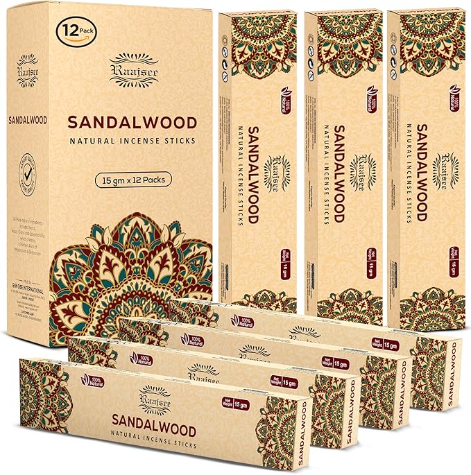Raajsee Sandalwood Incense Sticks (180 gm), 100% Pure Organic Natural Hand Rolled Free from Chemicals - Sandalwood Incense Perfect for Aromatherapy, Cleansing, Meditation, and Church (Pack of 12) - Bloomnest