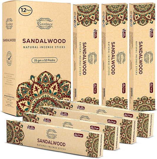 Raajsee Sandalwood Incense Sticks (180 gm), 100% Pure Organic Natural Hand Rolled Free from Chemicals - Sandalwood Incense Perfect for Aromatherapy, Cleansing, Meditation, and Church (Pack of 12) - Bloomnest