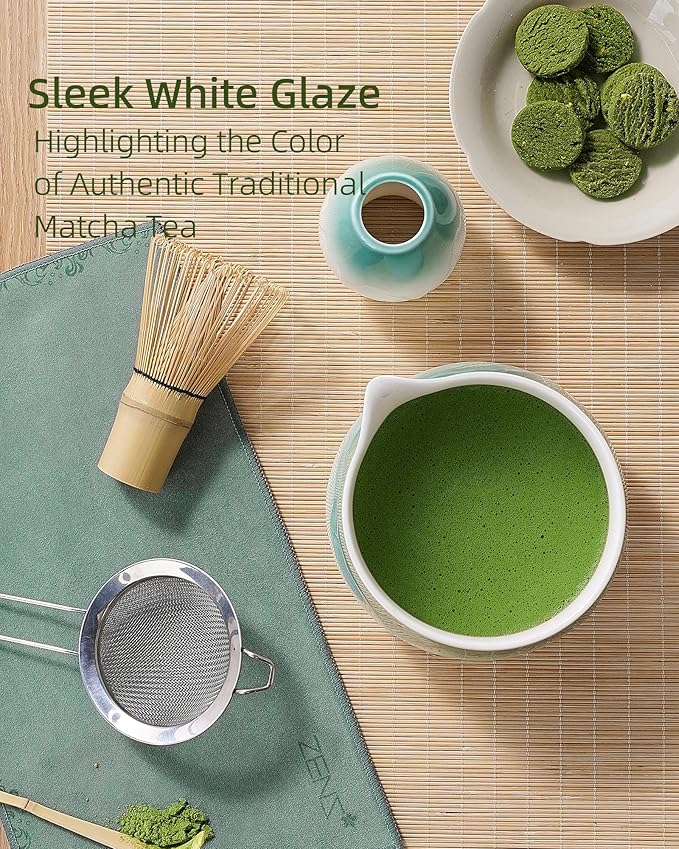 ZENS Matcha Whisk Set, 6Pcs Matcha Set Includes Ceramic Bowl, Bamboo Whisk and Chasen Holder,Scoop, 304 Stainless Sifter & Tea Mat, Matcha Kit for Tea Ceremony, Blue - Bloomnest