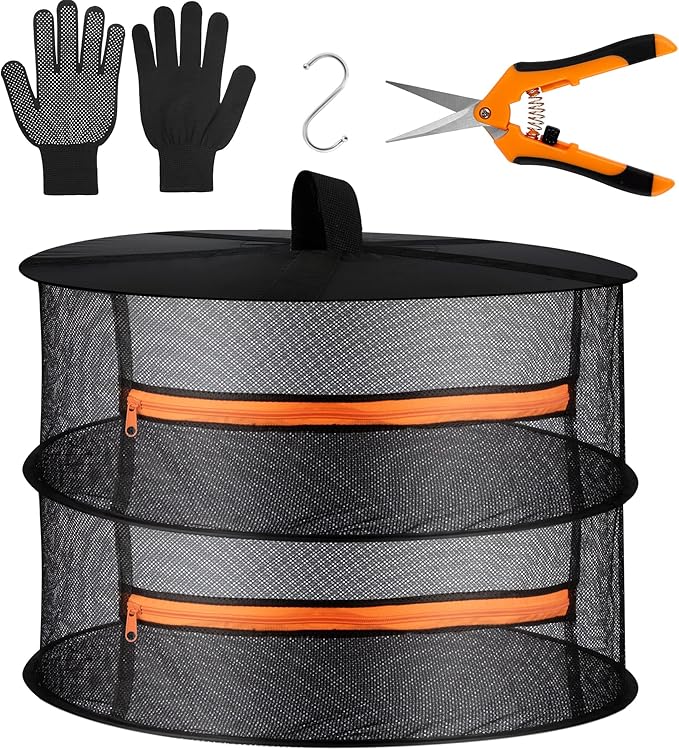 Desy & Feeci Herb Drying Rack- 2ft Diameter 2 Layer Folding Mesh Hanging Basket Dryer Net with Zippers for Seeds Flowers Buds Plants Garden Outdoor Bumper Harvest(D24xH16 inch) - Bloomnest