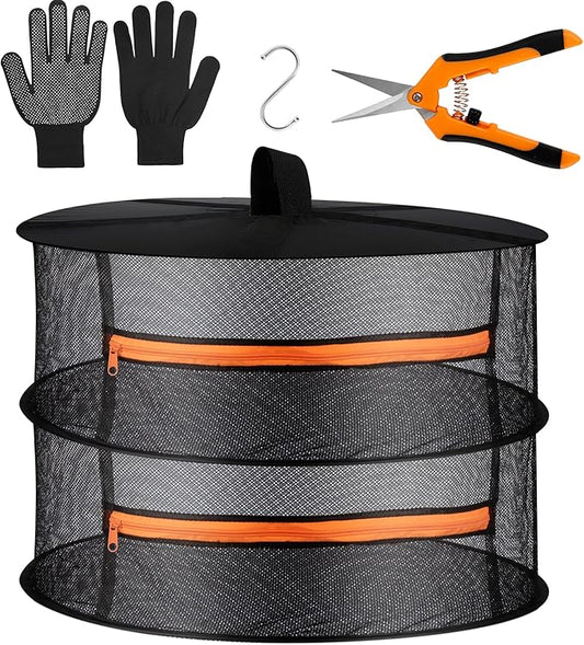 Desy & Feeci Herb Drying Rack- 2ft Diameter 2 Layer Folding Mesh Hanging Basket Dryer Net with Zippers for Seeds Flowers Buds Plants Garden Outdoor Bumper Harvest(D24xH16 inch) - Bloomnest