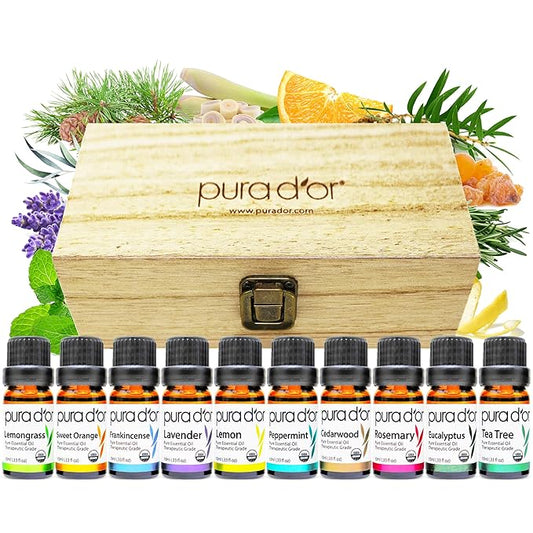 PURA D'OR Organic Perfect10 Essential Oils Set - 10x 10mL Wood Box Aromatherapy Gift Set - 100% Pure Therapeutic Grade for Relaxation and Wellness (Lavender, Peppermint, Eucalyptus, Tea Tree & More) - Bloomnest