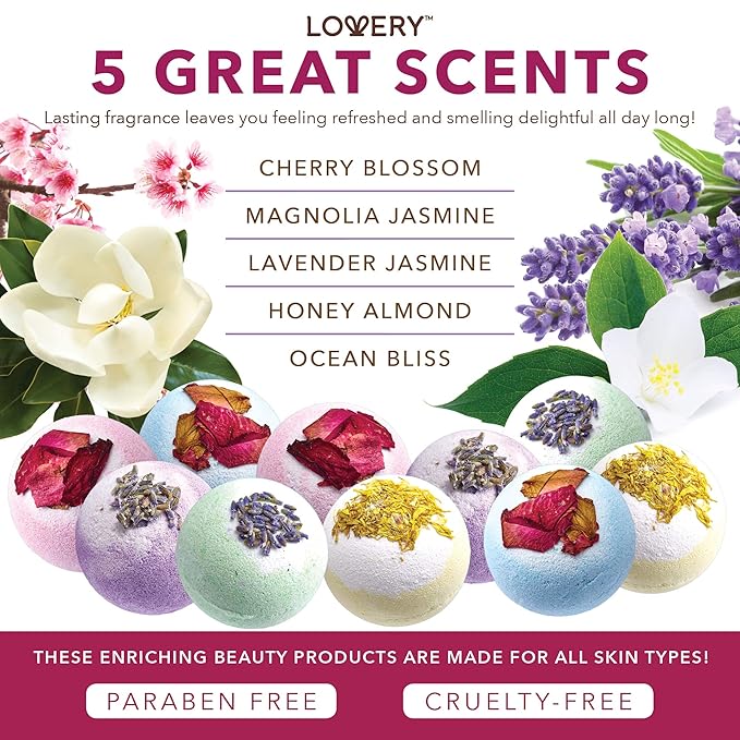 Bath Bomb Self Care Gifts for Women, White Elephant Gifts for Adults,10 Oversized Two Tone Bath Fizzies with Shea & Coco Butter Dry Flower Petals, Rich, Spa Bath Set in Cute Tub - Bloomnest