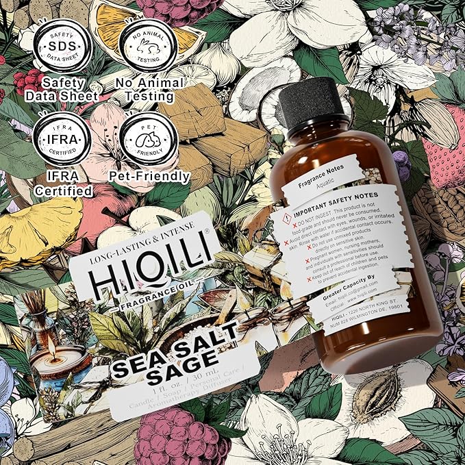 HIQILI Sea Salt Sage Fragrance Oil for Diffuser Use, Candle Making Scents, Soap Making Supplies, Car/Hotel Collection Diffuser Oil - 1 Fl Oz HIQILI