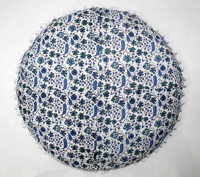 CRAFT KALA Boho Large Floor Pillow Pouf Cover Mandala Meditation Room Pillow Cover for Adults Round Bohemian Seating Pouf Cushion Cover for Kids Playroom 22" Green Sky Peacock - Bloomnest