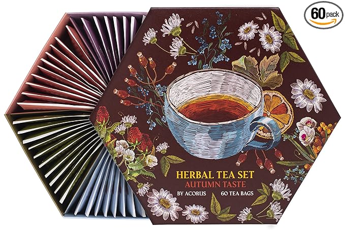 ACORUS Autumn Taste Tea Set, Natural Herbal Tea Variety Pack, Assorted Tea Box, Tea Gift Set of 6 Different Teas, Herbal Tea Sampler of 60 Tea Bags Individually Wrapped, Discover Rich Autumn Teas - Bloomnest