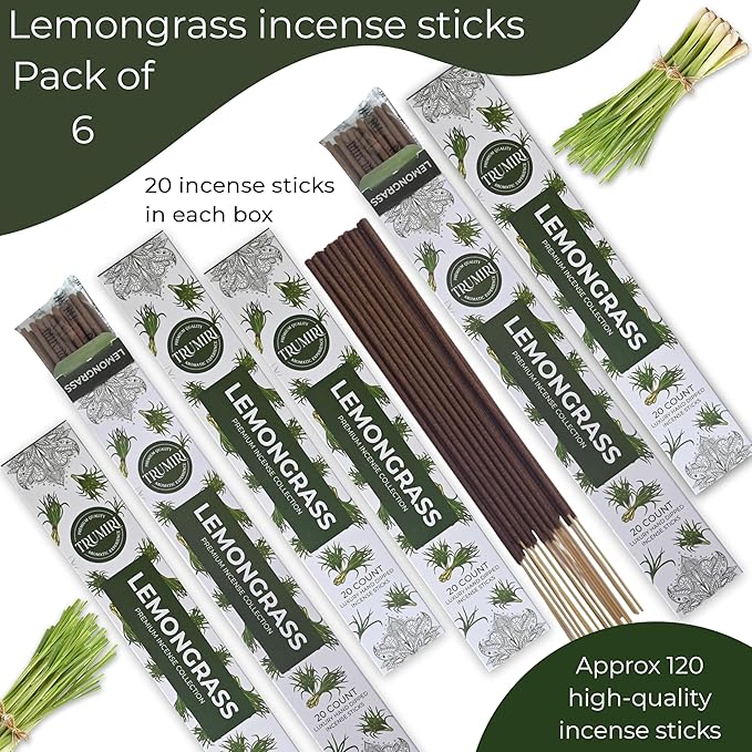 Lemongrass Incense Sticks for Backyard Patio - Total 120 Insence-Sticks - 6 Packs of 20 Insense - Inciensos - Inscents - Natural Non Toxic Ingredients - Incents - Incence - Inscense - Insents TRUMIRI
