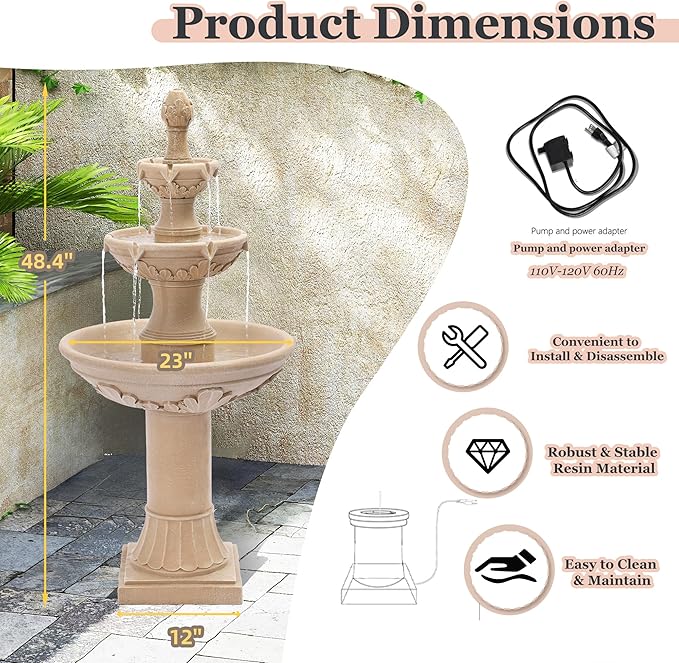 MAGIC UNION Outdoor Garden Water Fountains, 48.4''H Italian Style Fountains and Waterfalls Outside, 3-Tier Large Bubbler Cascading Indoor Floor Water Fountain Features with Pump for Home Yard Decor - Bloomnest