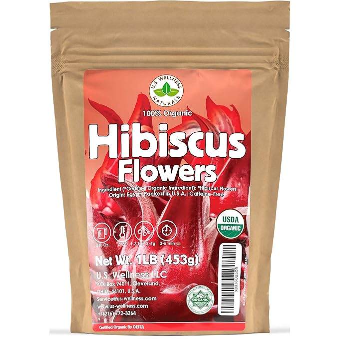 Hibiscus Tea 1LB (16Oz) 100% CERTIFIED Organic Hibiscus Flowers Herbal Tea (WHOLE PETALS), Caffeine Free in 1 lbs. Bulk Resealable BPA-free Bags from U.S. Wellness - Bloomnest