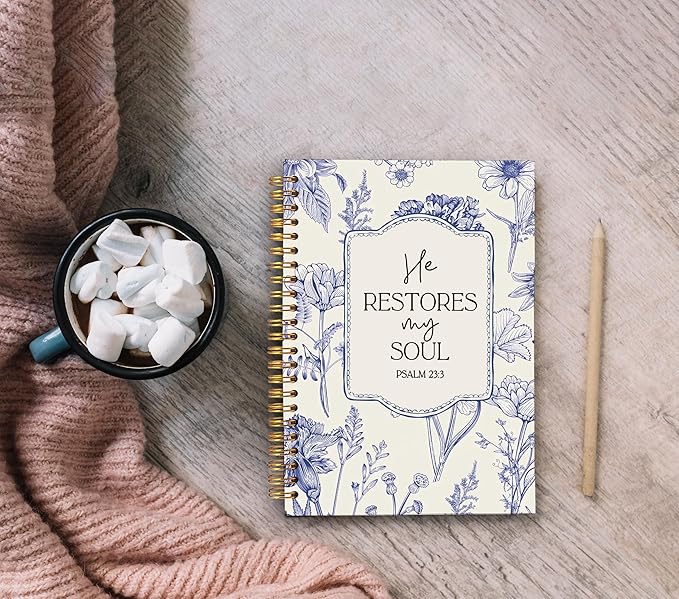 Christian Notebook for Women, Christian Art Gifts Journal, Prayer Journal for Women, Bible Journaling Notebook, PSALM 23:3 He Restores My Soul Floral Spiral Notebook 5.5x8.3 - Bloomnest