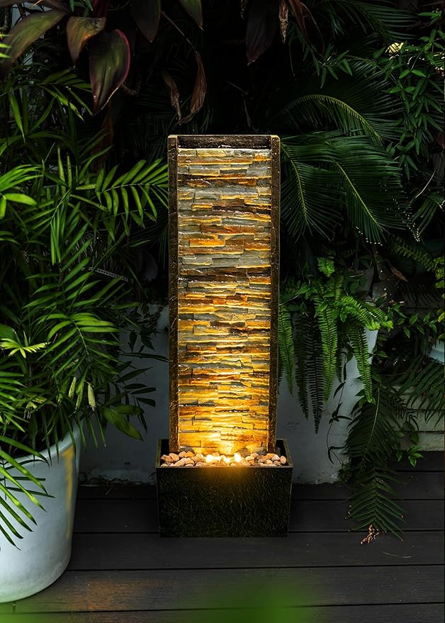 Cheng Pin Indoor Water Fountain -Staggered Stone Wall Design,Create Relaxing Ambiance to Decor Your Living Room,Office,Bedroom Or Outdoor Garden with Waterfall Water Feature and LED Lights,38in. Tall - Bloomnest