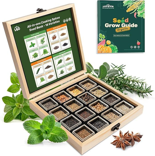 Lush&Dew Culinary Herbs Kitchen Garden Heirloom Seed Bank, Gardening Gifts, 16 Varieties Non-GMO Seeds for Planting Herb in Raised Garden Beds Windowsill, Survival Seed Kit, Cooking Spices Basil Dill - Bloomnest
