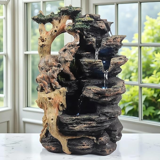 Water Fountain Indoor, Desktop Fountain Waterfall,Elephant Sculpture Layered LED Lighting. Indoor Office and Home Decorations Suitable for Creating a Peaceful Atmosphere. - Bloomnest