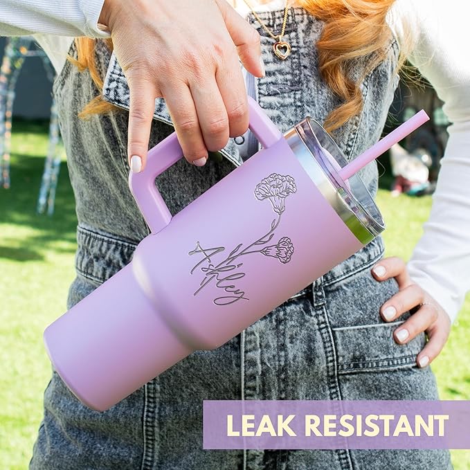 40 Oz Personalized Tumbler with Handle and Straw - Custom Name and Birth Month Flower, Stainless Steel Travel Cup - Birthday Gifts for Women, Teal - Bloomnest