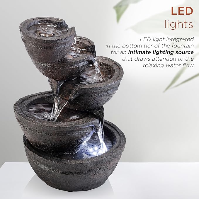 Alpine Corporation WIN1138 13" Indoor Tabletop Tiering Bowls Water Fountain with LED Lights – Cascading Water Feature for Home, Office, Meditation, and Relaxation, Dark Gray - Bloomnest