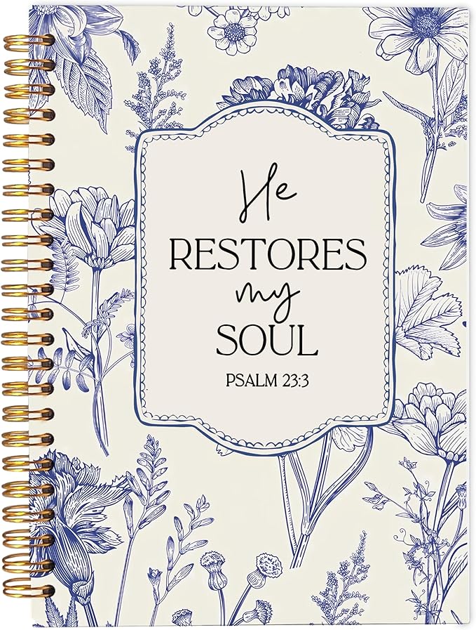 Christian Notebook for Women, Christian Art Gifts Journal, Prayer Journal for Women, Bible Journaling Notebook, PSALM 23:3 He Restores My Soul Floral Spiral Notebook 5.5x8.3 - Bloomnest