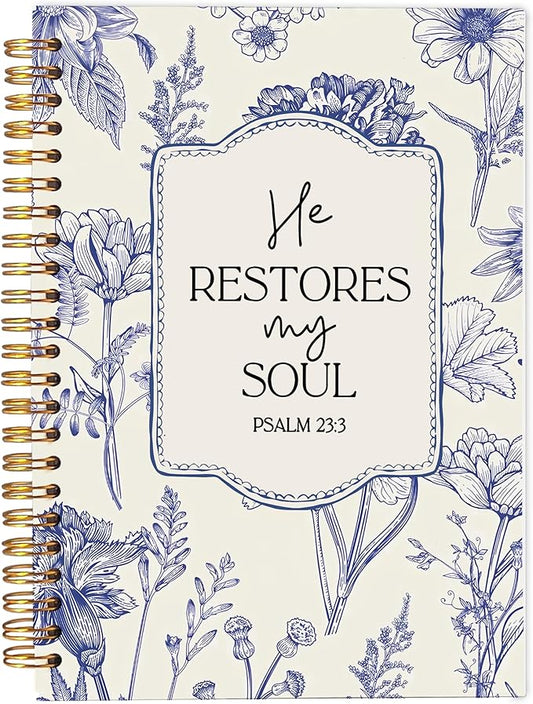 Christian Notebook for Women, Christian Art Gifts Journal, Prayer Journal for Women, Bible Journaling Notebook, PSALM 23:3 He Restores My Soul Floral Spiral Notebook 5.5x8.3 - Bloomnest