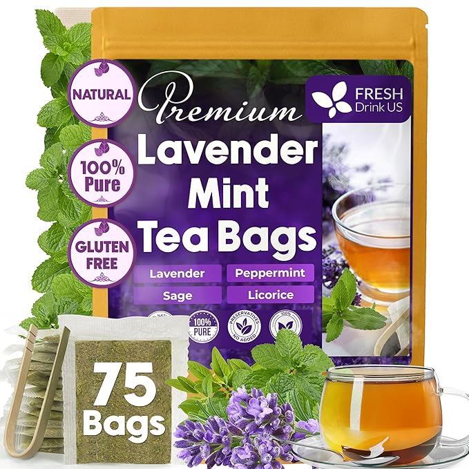 FreshDrinkUS, Premium 75 Tea Bags Lavender Mint Tea, 100% Natural, Blend of Lavender, Peppermint, Sage and Licorice. Made with Natural Material Tea Bags. No Sugar, No Caffeine, Vegan. - Bloomnest