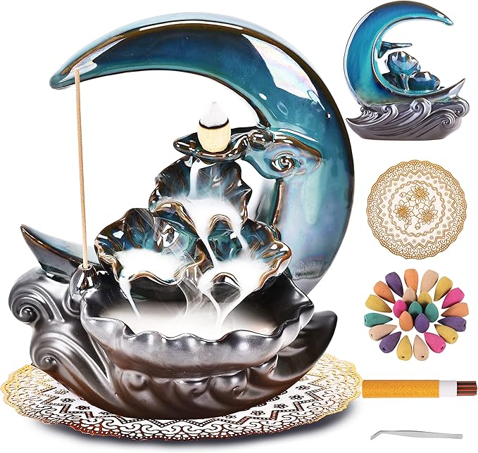 New Moon Backflow Incense Holder, Ceramic Hand-Made Incense Fountain Burner with 100 Backflow Incense Cones，Fragrance Incense Stick，Mat，Aromatherapy Home Decoration - Bloomnest