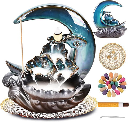 New Moon Backflow Incense Holder, Ceramic Hand-Made Incense Fountain Burner with 100 Backflow Incense Cones，Fragrance Incense Stick，Mat，Aromatherapy Home Decoration - Bloomnest