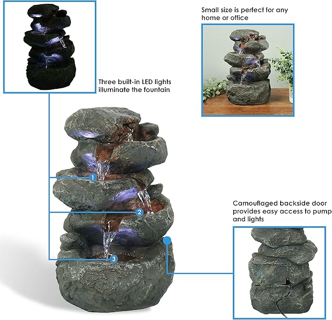 Sunnydaze Tabletop Water Fountain - Stacked Rocks 10.5 Inch Relaxing Desktop Water Fountain with LED Lights - Office, Bedroom, Living Room - Bloomnest