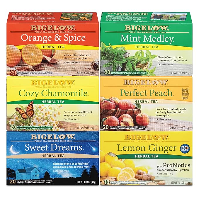 Bigelow Tea Caffeine Free 6 Flavor Herbal Tea Variety Pack, Decaf Tea with Mint Medley, Cozy Chamomile, Orange and Spice, Sweet Dreams, Perfect Peach, and Lemon Ginger, (Pack of 6), 118 Total Tea Bags - Bloomnest