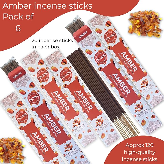 Amber Incense Sticks - Total 120 Insence-Sticks - 6 Packs of 20 Insense - Inciensos - Inscents - Natural Non Toxic Ingredients - Incents - Incence - Inscense - Insents TRUMIRI