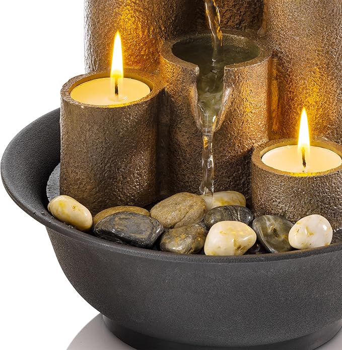 Alpine Corporation WCT202 Indoor Tabletop Tiered Water Fountain Featuring 3 Candles for Desktop and Table, 11", Brown - Bloomnest