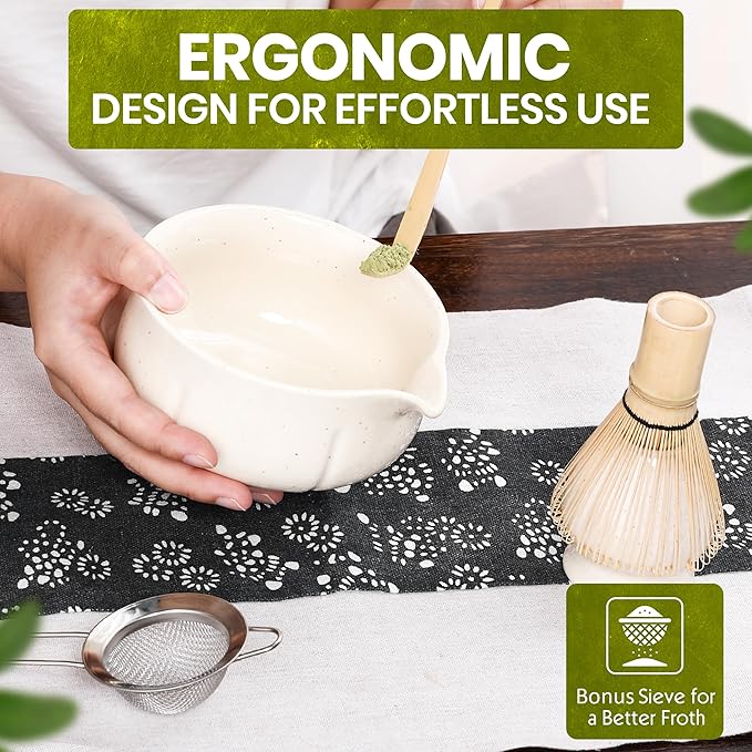 Matcha Whisk Set – 5 Piece Japanese Matcha Tea Set w/Ceramic Matcha Bowl, 100-Prong Bamboo Whisk & Holder, Scoop, & Stainless Sifter – Traditional Matcha Making Kit (Off-White) - Bloomnest