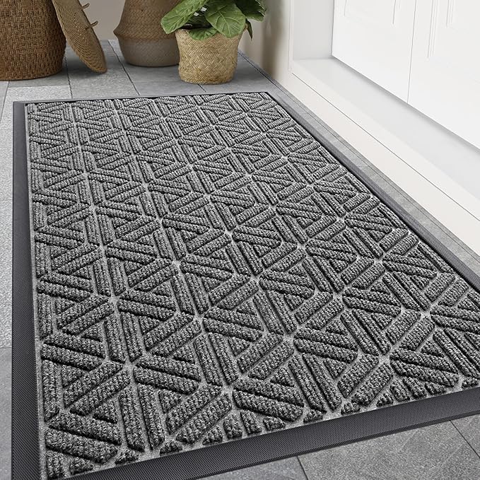 Smiry Front Door Mat Outside Entrance, Heavy Duty Sturdy Natural Rubber Doormat, Trap Dirt and Moisture, Easy Clean Low Profile Mats for Indoor Outdoor Entry, Grid Geometric (47x32, Silver Grey) - Bloomnest