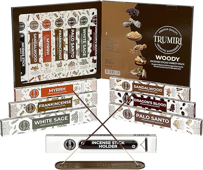 Woody Incense Sticks Variety Pack - 120 Insence-Sticks (6 Incents x 20 Insense) - White Sage Palo Santo Dragons Blood Sandalwood - Natural Inscents-Sticks Non Toxic Cleansing Incienso + Burner Holder - Bloomnest