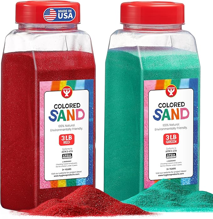 Hygloss Colored Sand for Crafts - 3 lb Bottle, Red and Green - Vibrant Colorful Fine Sensory Play Sand Art Kits for Kids - Classroom Activities for Children 3 4 5 6 7 8 9 10 11 12 - Safe for Ages 3+ - Bloomnest