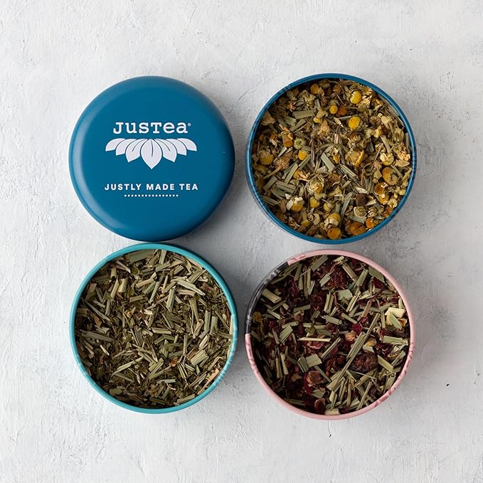JusTea Herbal Tea Trio | Stacking Tins Variety Pack with Hand Carved Tea Spoon | Loose Leaf | Caffeine Free | Award-Winning | Fair Trade | Non-GMO - Bloomnest