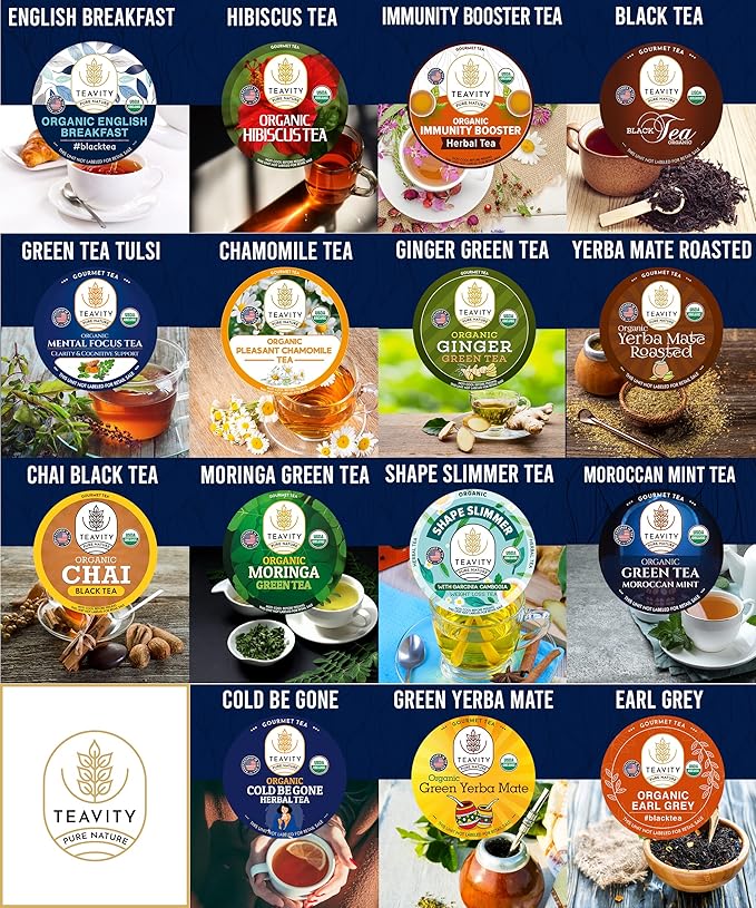 Organic Tea Pods Variety Pack - Assorted Sampler Pack Compatible for Keurig Brewer and Coffee Maker - Earl Grey, English Breakfast, Chai, Chamomile - Herbal Tea Pod for K Cup Keurig Brewing -15 count (Pack of 1) by Teavity - Bloomnest