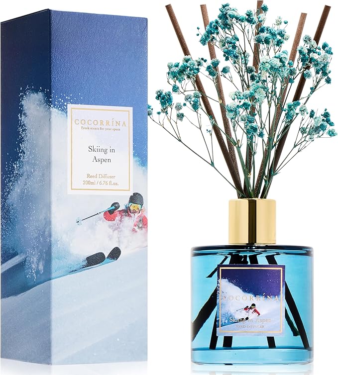 COCORRÍNA Reed Diffuser - Skiing in Aspen Reed Diffuser Set with 8 Sticks & Preserved Baby's Breath, Reed Diffuser for Home Bathroom Shelf Decor - Bloomnest