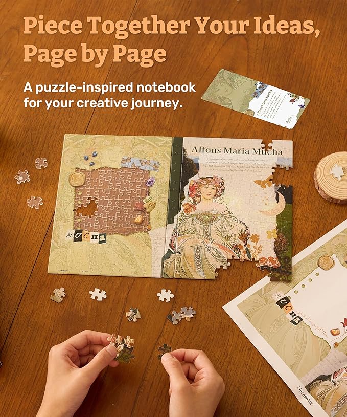 PieceRelax A5 Puzzle Journal for Adults, 300 Piece Plastic Jigsaw Book Cover (Includes Notebook) - Alphonse Mucha - Reverie Diary, Unique Gift [YA1057] - Bloomnest