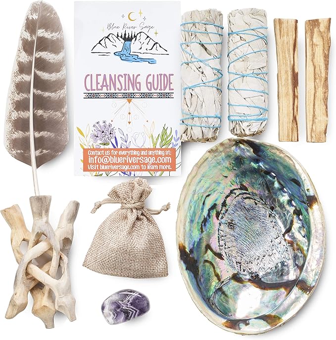 Blue River Sage Smudging & Energy Cleansing Kit with Amethyst, White Sage, Palo Santo, Abalone Shell, Stand & Guide (Regular) BLUE+RIVER+SAGE
