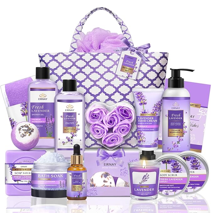Gift for Women, Spa Gift Baskets for Women - 17pcs Lavender Sets with Body Lotion, Bubble Bath, Relaxing Bath Sets, Birthday Christmas Gifts for Her, Spa Kit for Mom Wife Sister Friend - Bloomnest