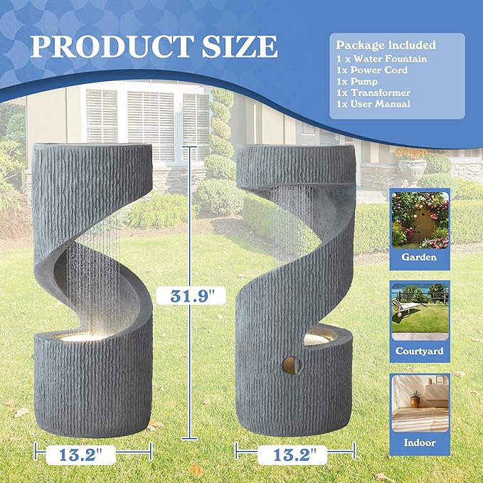 31.9" Outdoor Garden Water Fountain, S-Shaped Cascading Fountains and Waterfalls with LED Lights & Splash-Proof Net, Indoor/Outdoor Floor Standing Water Feature for Patio, Backyard, Home Decor - Bloomnest