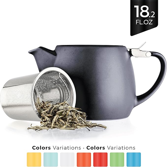 Tealyra - Pluto Porcelain Small Teapot Black - 18.2-ounce (1-2 cups) - Matte Finish - Stainless Steel Lid and Extra-Fine Infuser To Brew Loose Leaf Tea - 540ml - Bloomnest