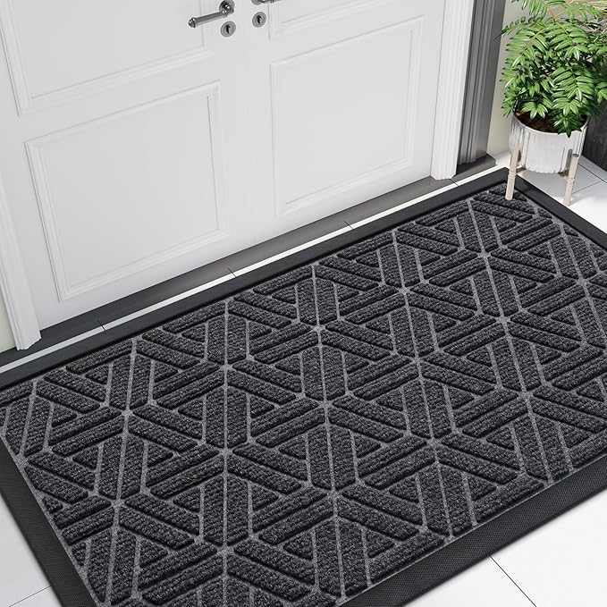 Smiry Front Door Mat Outside Entrance, Heavy Duty Sturdy Natural Rubber Doormat, Trap Dirt and Moisture, Easy Clean Low Profile Mats for Indoor Outdoor Entry, Grid Geometric (47x24, Grey) - Bloomnest