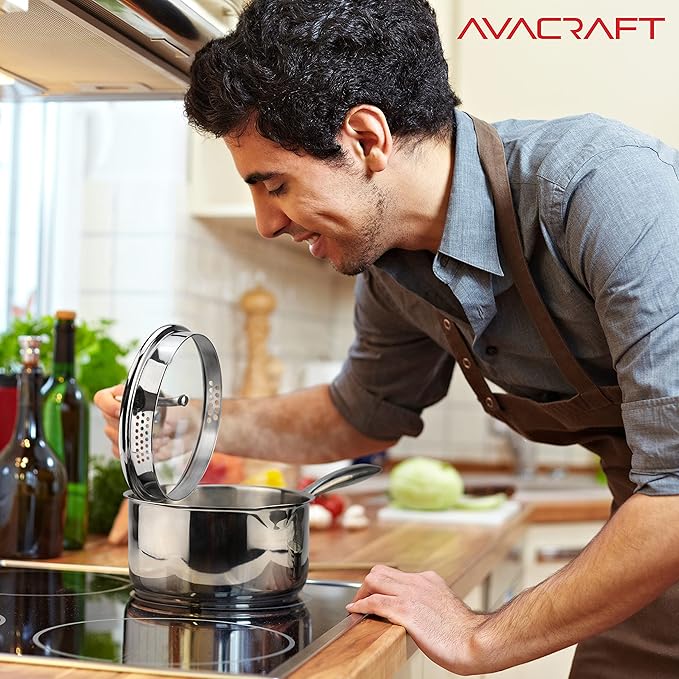 AVACRAFT Stainless Steel Saucepan with Glass Strainer Lid, Two Side Spouts for Easy Pour with Ergonomic Handle, Multipurpose Sauce Pot (5-Ply Capsule Bottom, 2.5 Quart) - Bloomnest